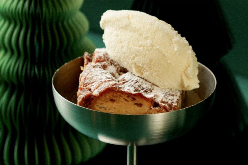 Baked Croissant Bread Pudding with Vanilla Bean Ice Cream